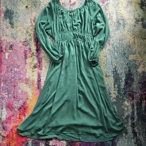 You + All Green Balloon Sleeve Cinched Waist Flared V Neck Midi Dress